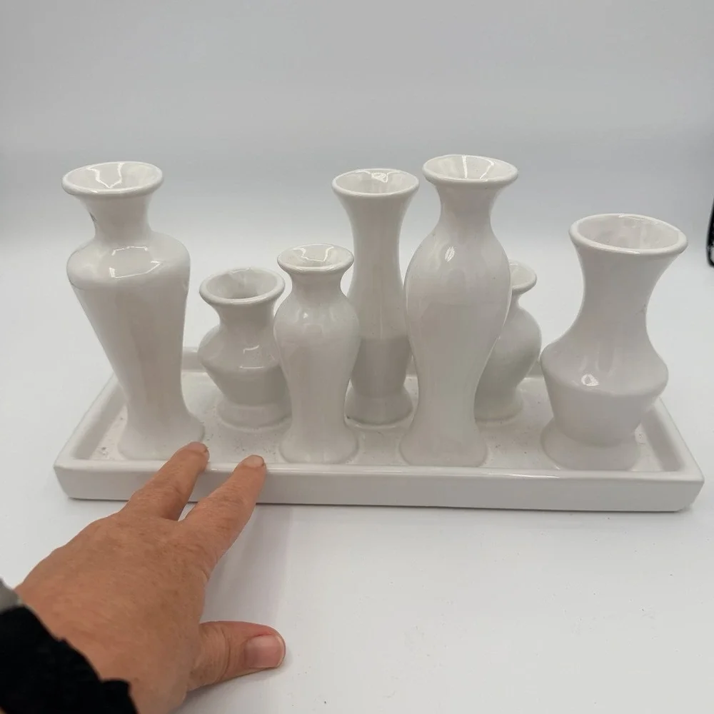 Ceramic Bud Vase Set with Seven Attached Vases on Rectangular Tray Cottagecore